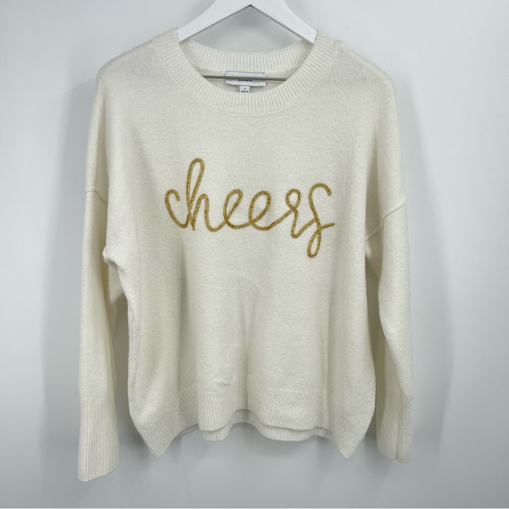 CeCe Cheers Beaded Script Sweater Cream Oversized Cozy Knit Size M - Picture 3 of 8
